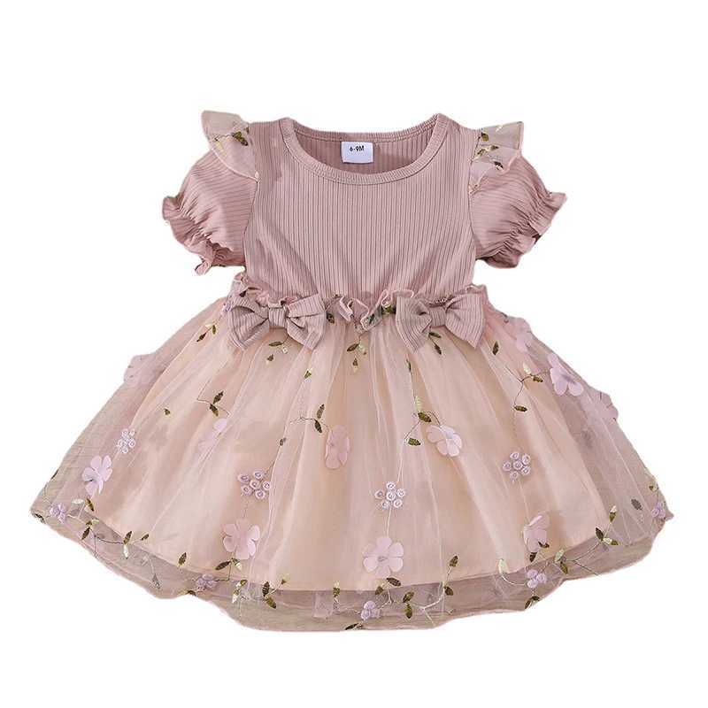 Summer baby girl princess dress 0-3Y floral embroidery baby mesh dress childrens puff sleeves cute girl chiffon clothing W250111