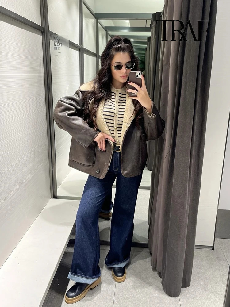 TRAF Womens Fashion Retro Lapel Single Breasted Jacket Khaki Faux Leather Warm Thickened Fluffy Coat 250103