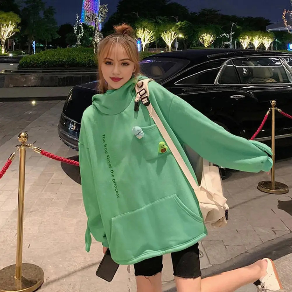 Winter Women Top Cozy Plush Frog Hoodie with Embroidered Letters Big Pocket for Couples Warm Winter Zip-up Jacket for Outdoor 250106