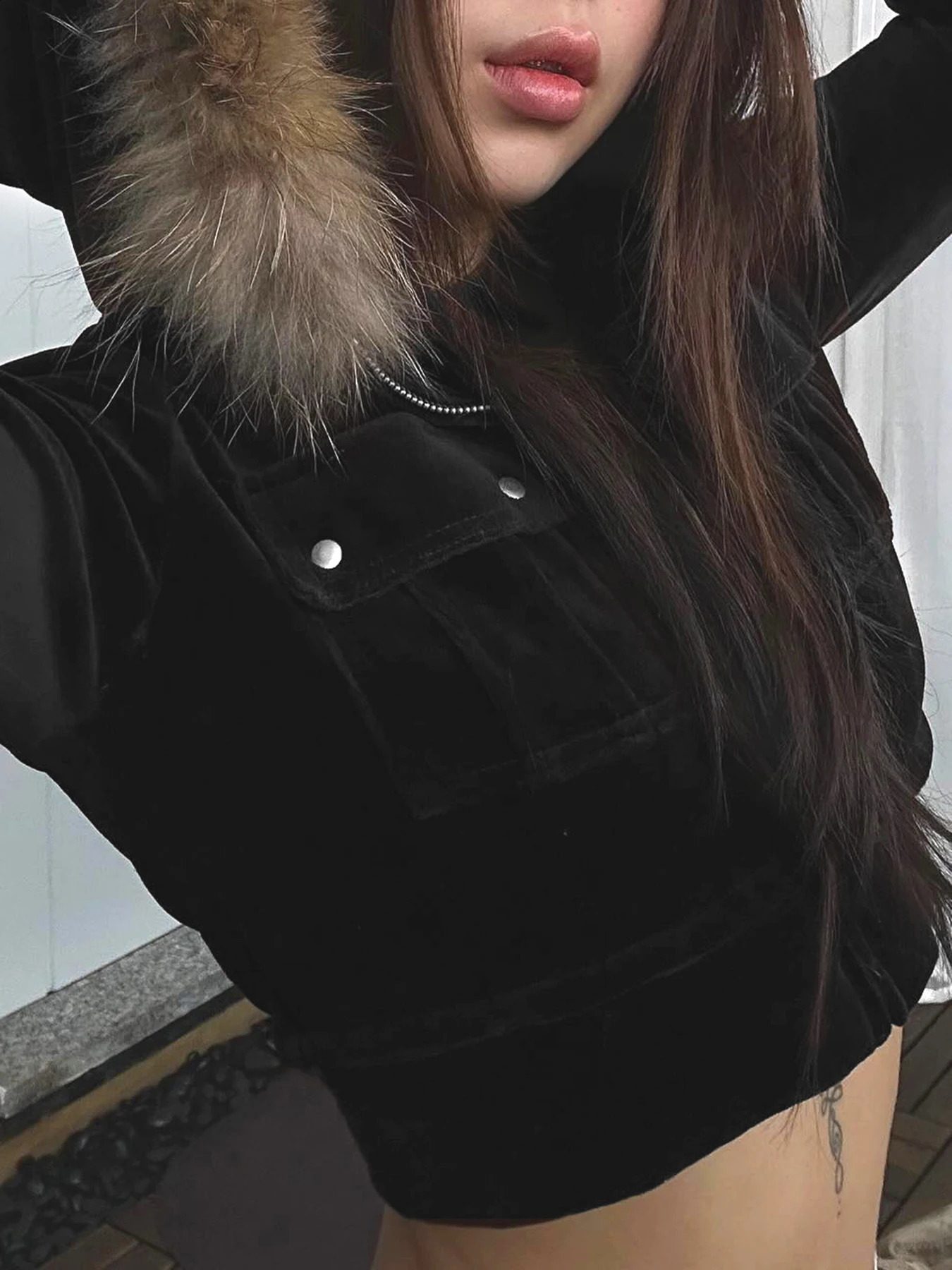 AltGoth Winter Warm Fur Collar Jackets Women Vintage Streetwear Cyber Punk Y2k 90s Mall Gothic Pockets Crop Coats Indie Clothes 250109