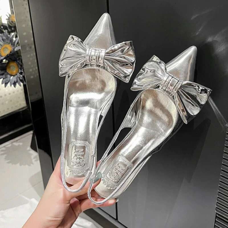 Bow Pointed Toe Muller Shoes Sweet Fashion Elegant Sgbacks Thin Heels Gold Comfy Sandals Women Sandalias De Mujer