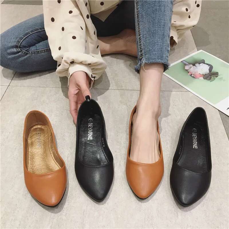 2023 Women's Leather Soft Sole Candy Shallow Mouth Single Flat Heel Shoes Slip On Plus Size Mature Atos De Mujer