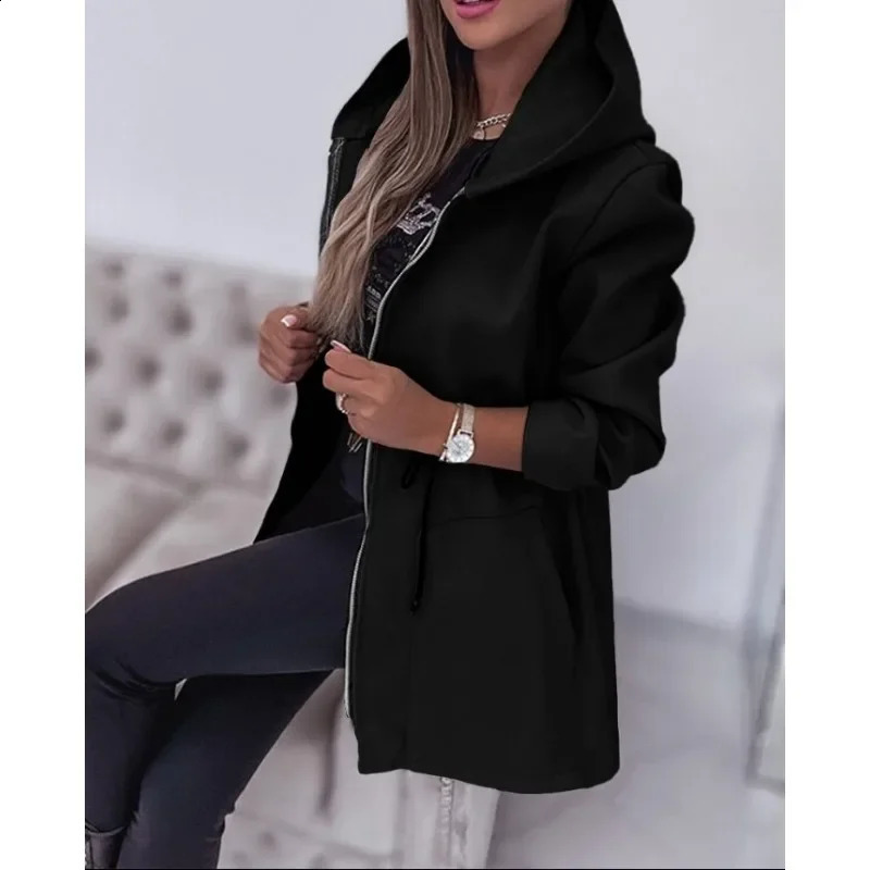 Fall Winter Hooded Zipper Coat Long Section Pockets Trend Hoodies Coats Women Long Sleeve Autumn Casual Sweatshirt Outwear 250106