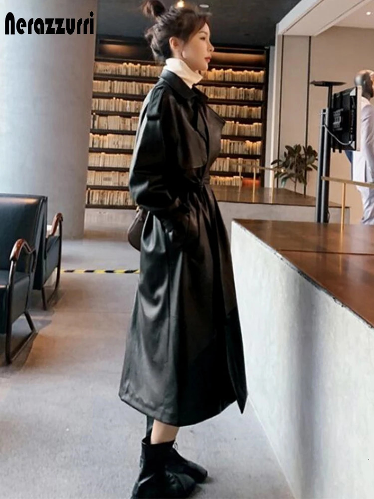 Nerazzurri Spring Black Oversized Long Waterproof Leather Trench Coat for Women Sleeve Loose Korean Fashion Clothing 250103