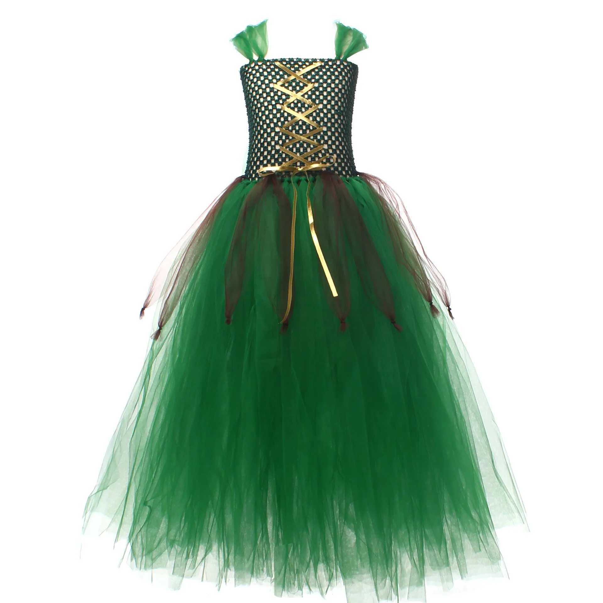 Halloween Childrens Day Girl Elf Role Play Tutu Dance Skills Costume Childrens Role Play Elf Gold Stripe Tutu Skirt Green Dress W250111