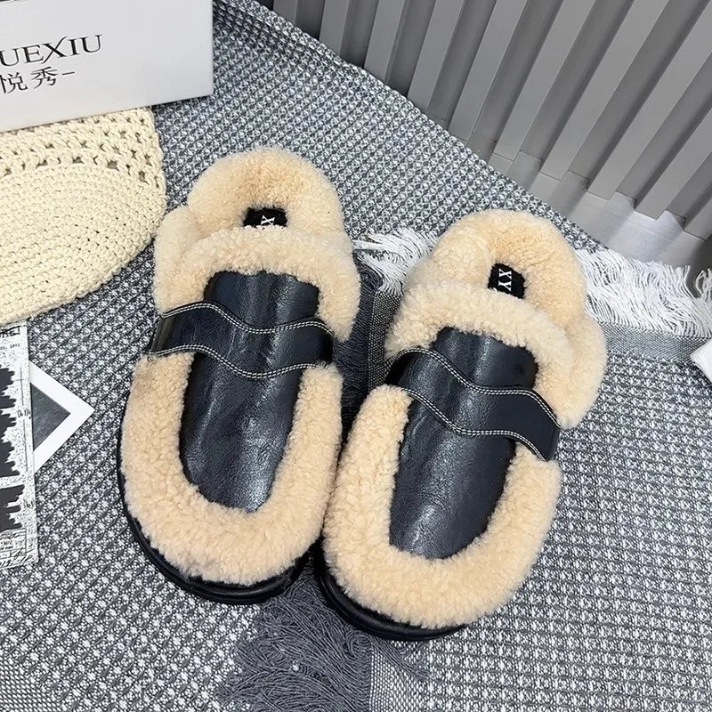 Women Fur Flats Slippers Warm Home Cotton Shoes Winter 2025 Trend Short Plush Slingback Flip Flops Fashion Zapatillas Mujer 250106