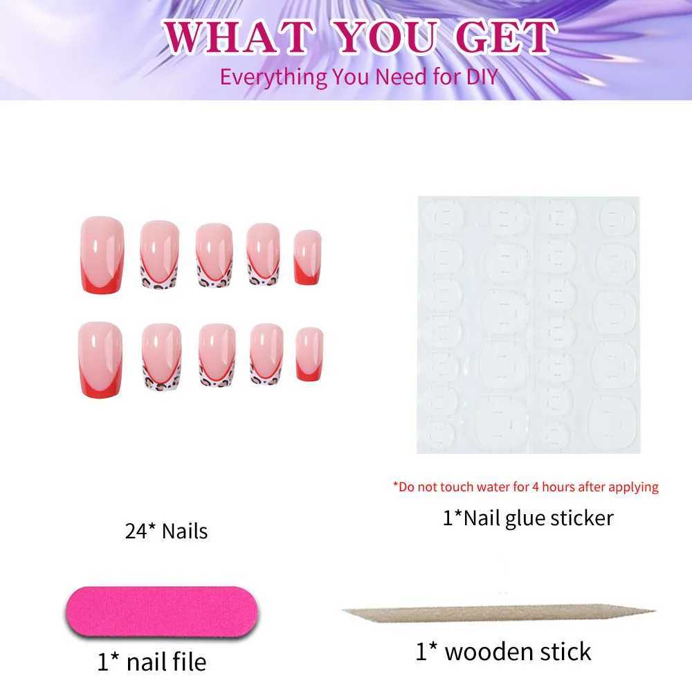 24pcs short square fake nails sexy leopard print red edge French bright design fake nails full cover fake nails white detachaXJ250110