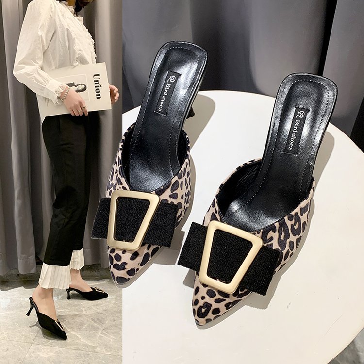 Women Slippers Fashion High Heel Trendy Design Pointed Toe Versatile Triple Black Leopard Free shipping