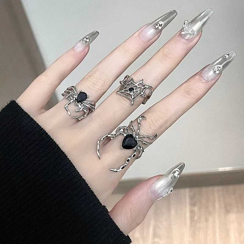 3 Styles Electroplating Black Heart Spider Web Opening Finger Rings Irregular Y2K Vintage Rings Punk Gothic Jewelry Party GiftsXJ250110