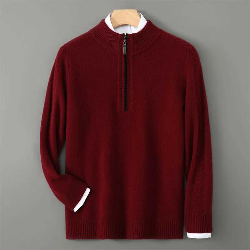 New autumn and winter mens pure wool knitted long sleeved pullover sweater with half high collar and thick zipper for warmth business and fashion W250