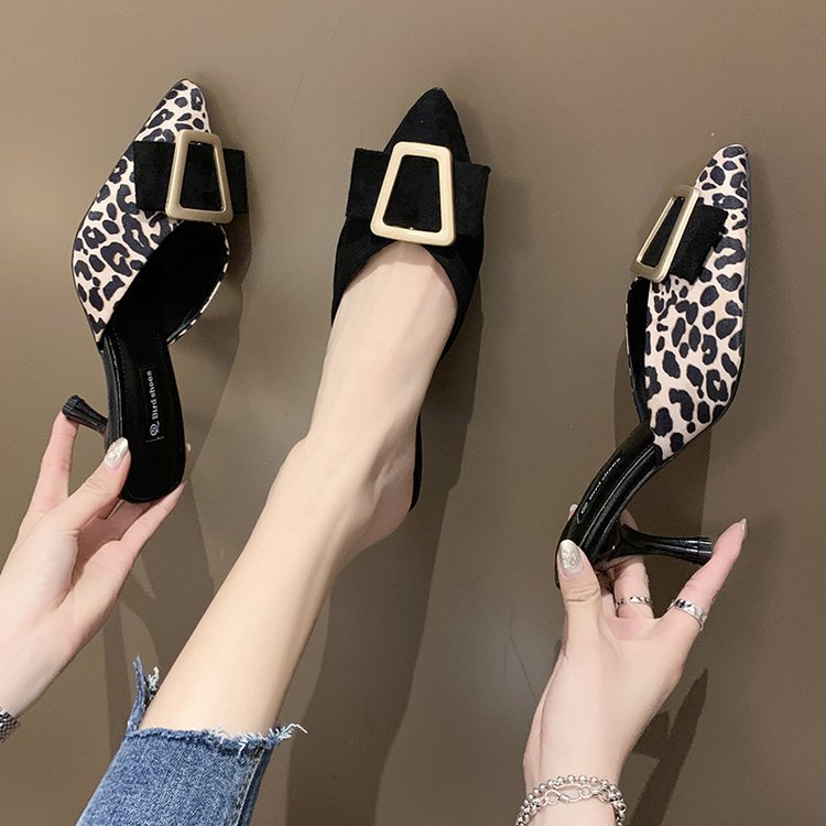 Women Slippers Fashion High Heel Trendy Design Pointed Toe Versatile Triple Black Leopard Free shipping