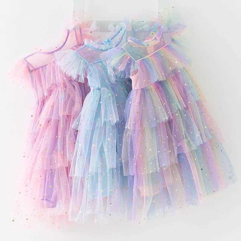 2023 Summer New Girl Par Dress Rainbow Glitter Birthday Princess Costume Childrens Holiday Beach Bathing Net Cake Costume W250111