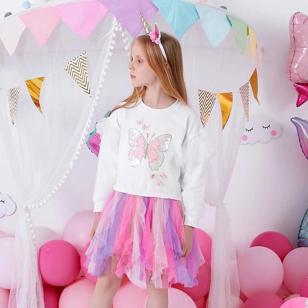DXTON autumn sweater girl dress chiffon ruffled princess dress butterfly sequin patch work childrens dress childrens thick clothes W250111