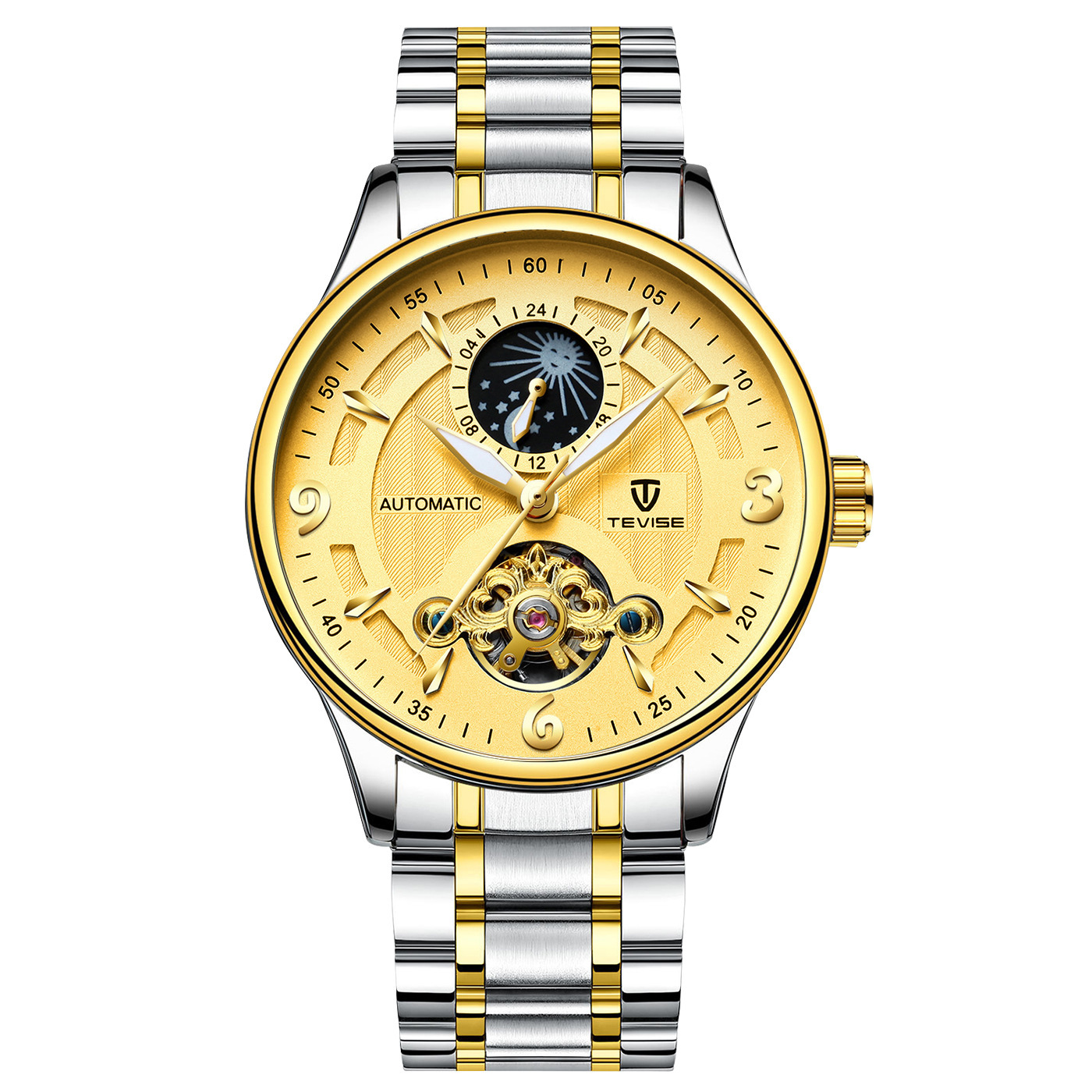 TEVISE Designer Watch Automatic Mechanical Watch Hollowed out Mens Watch with Moon Phase Tourbillon Casual Stainless Steel Strap Waterproof Function T