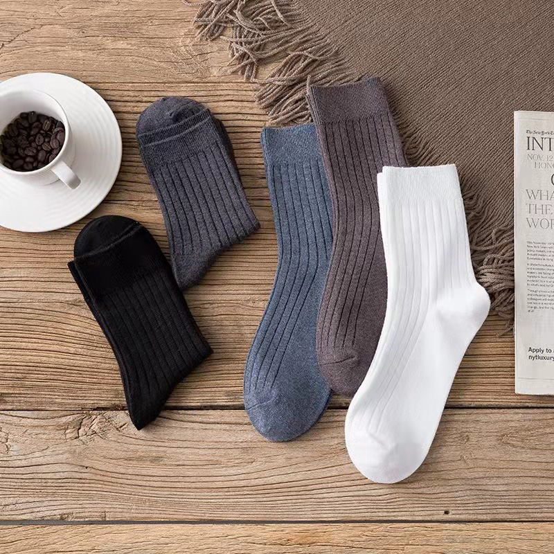 5 Pairs Men's Black and White Warm Socks Set Autumn and Winter Men's Solid Color Casual Business Socks