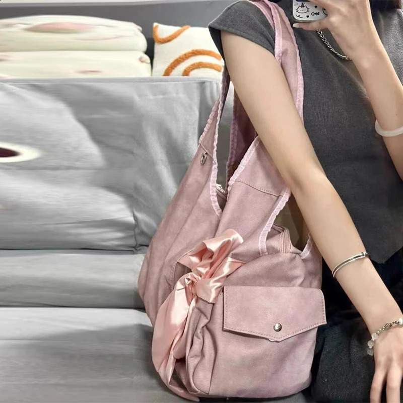 cute bow shoulder bag niche large capacity handbag Fashion underarm Tote bag 250106