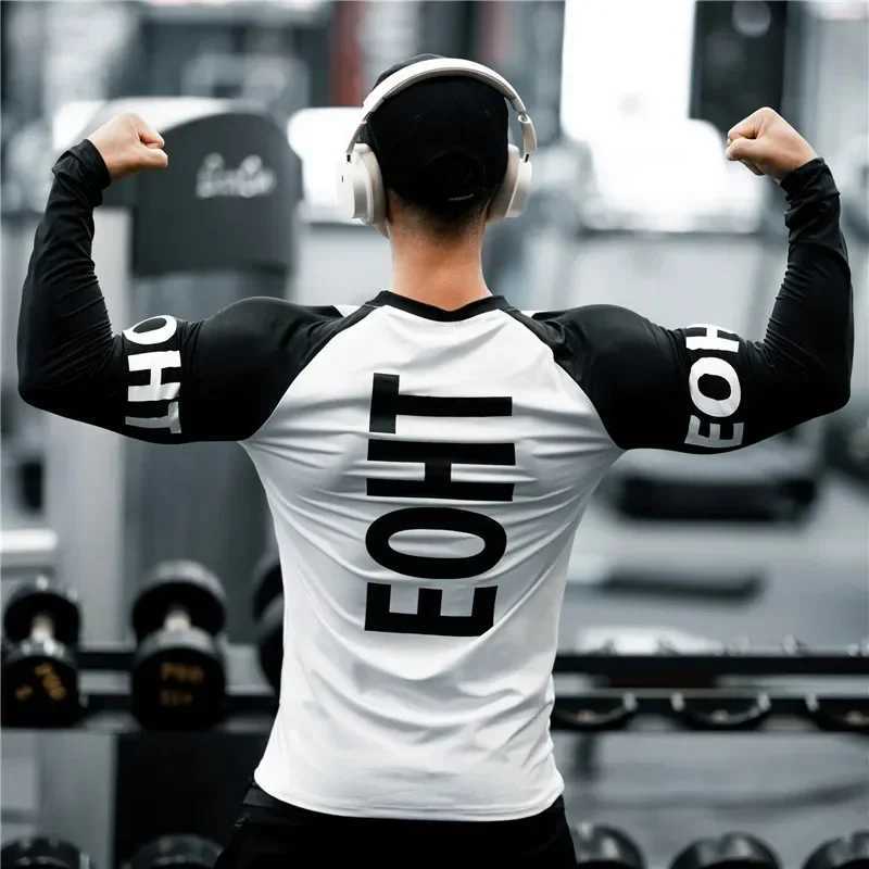 Mens T-shirt sports fitness shirt mens long sLeeved T-shirt quick drying breathable tight fitting suitable for training top W250111