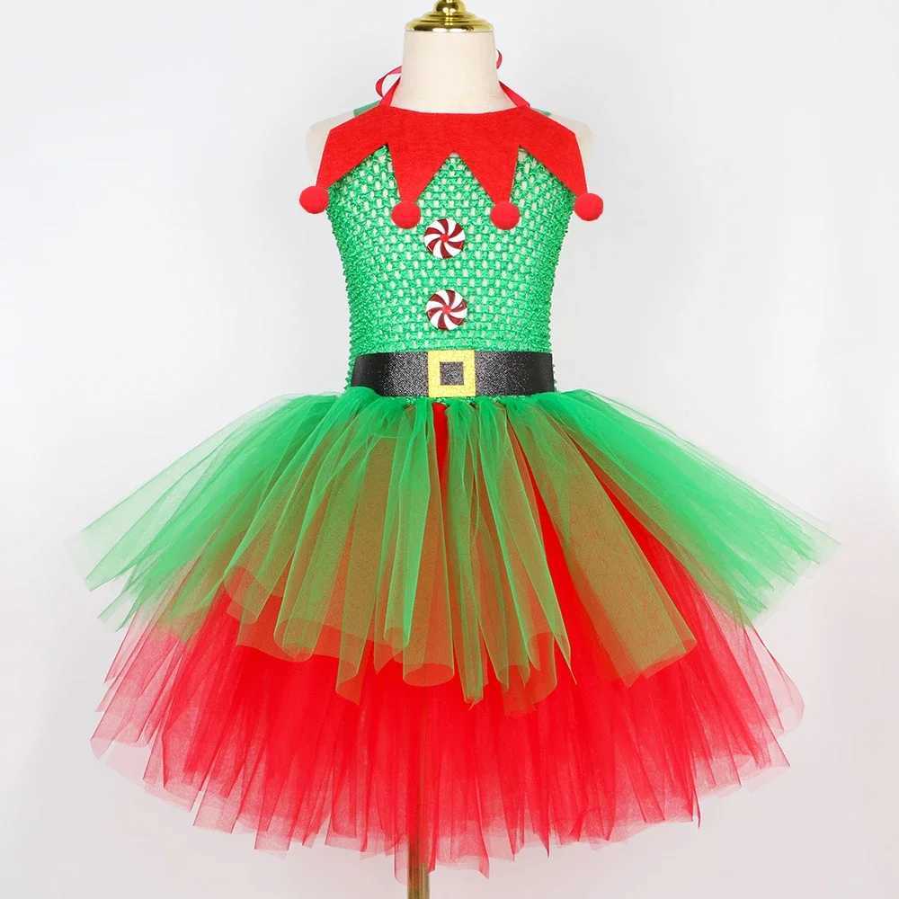 Girls Christmas elf costume childrens fancy Christmas costume set green and red childrens Christmas Par grid chiffon Tutu dress W250111