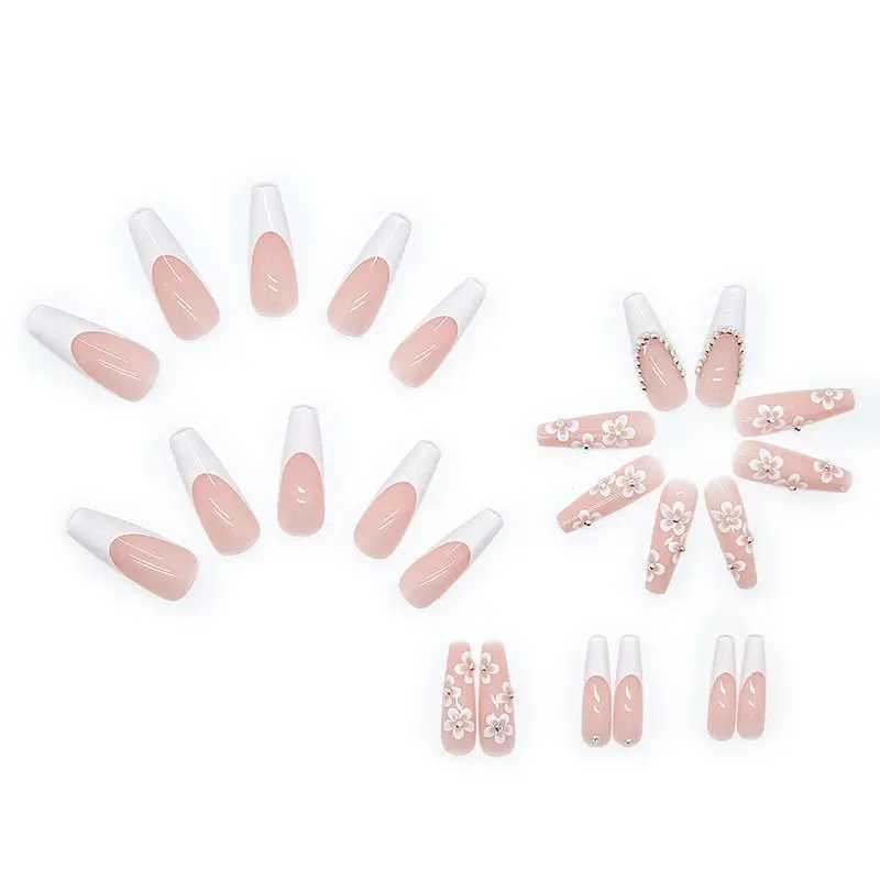 24pcs False Nails With Glue Flower Design Long Coffin French Ballerina Fake Nails Full Cover Acrylic Nail Tips Press On NailsXJ250110