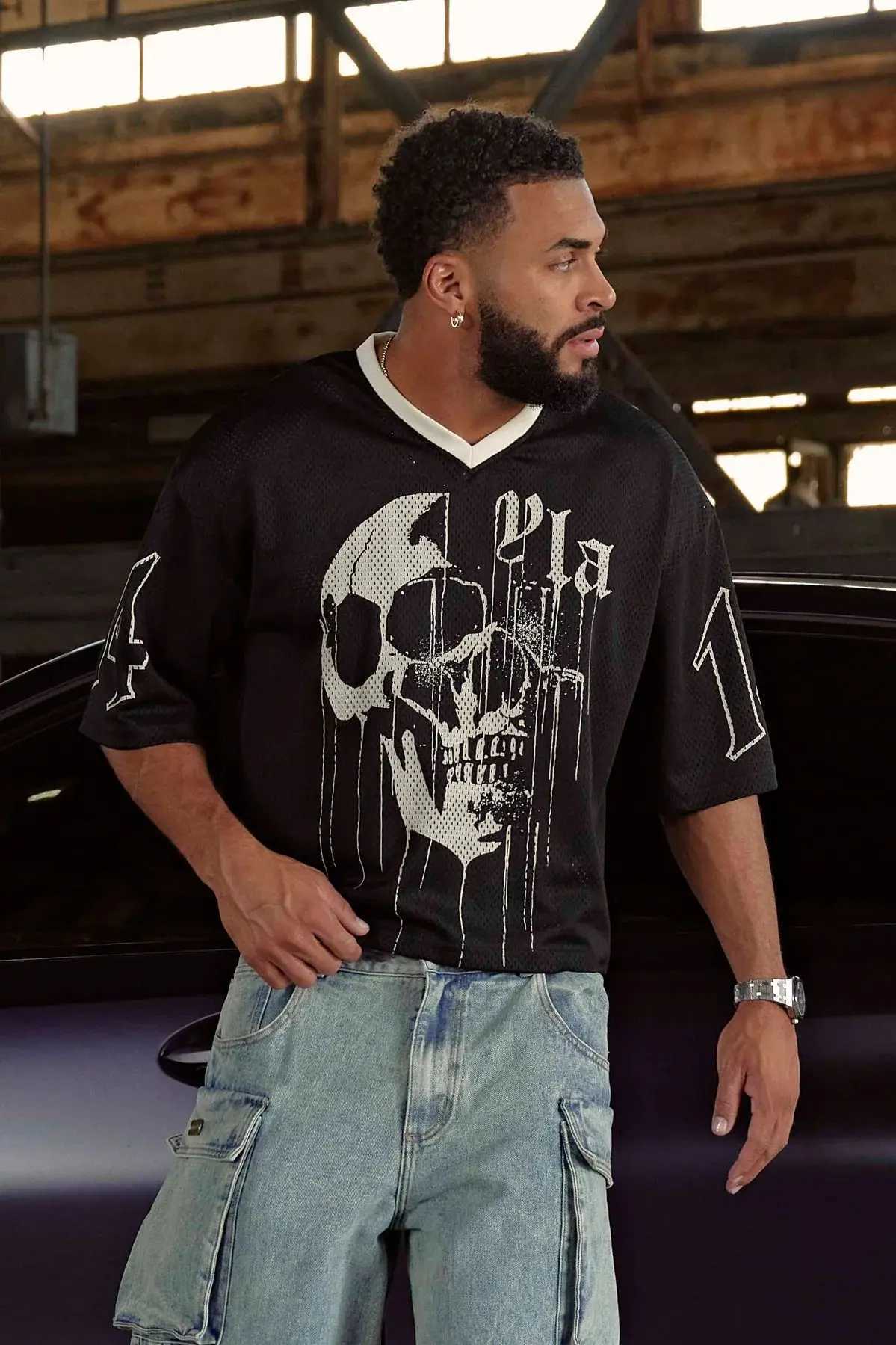 American trend brand oversized graphic T-shirt mens fitness quick drying and breathable large mesh printed short sleeved top W250111