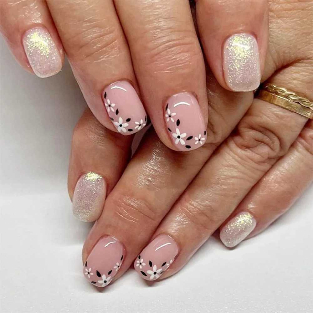 24pcs Pink Short Square Fake Nail Art Design Leopard Print French False Nail Wearable Simple Bow Stick on Press on Nails TipsXJ250110