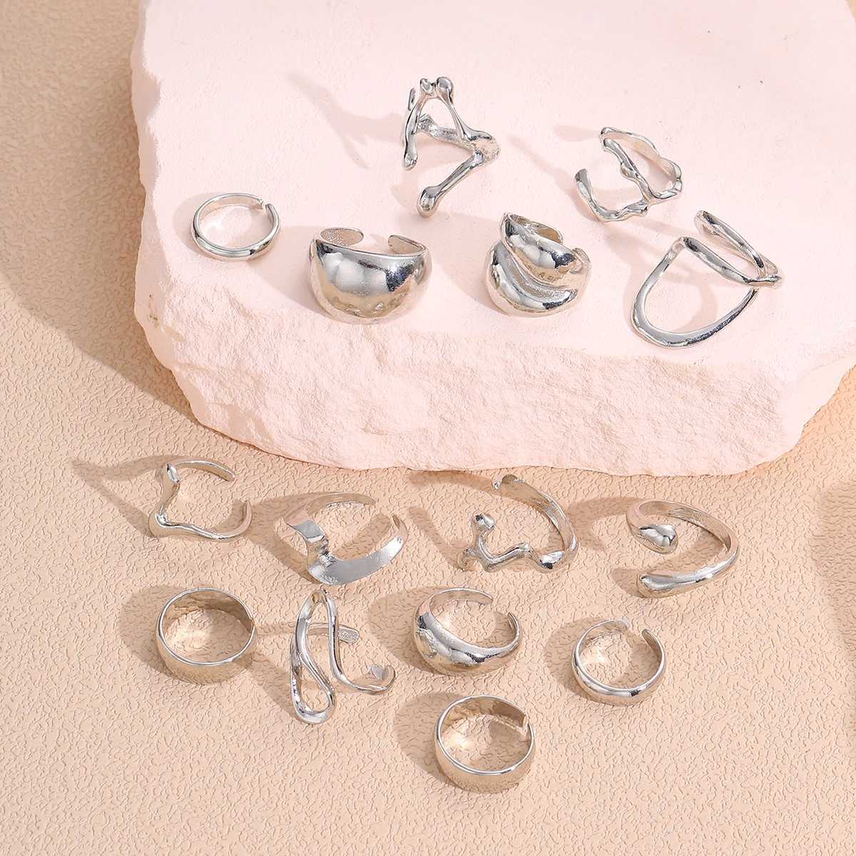 15Pcs Punk Smooth Geometric Open Rings Set For Women Exaggerated Irregular Silver Color Thick Chunky Ring Hip Hop Jewelry GiftsXJ250110