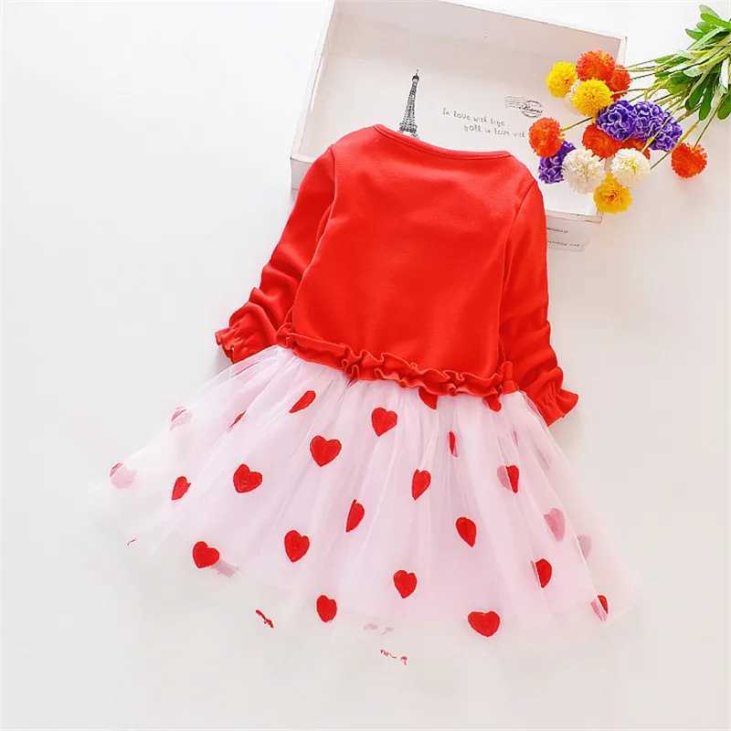 Girls dress 90-130cm heart-shaped pattern childrens autumn clothing 2024 new chiffon ruffled Tutu Par dress W250111