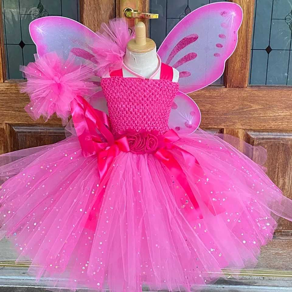 Girls Pink Sparkling Chiffon Dress Childrens Butterfly Fairy Tutu Dress with Wings and Clockwork Childrens Halloween Role Playing Costume W250111