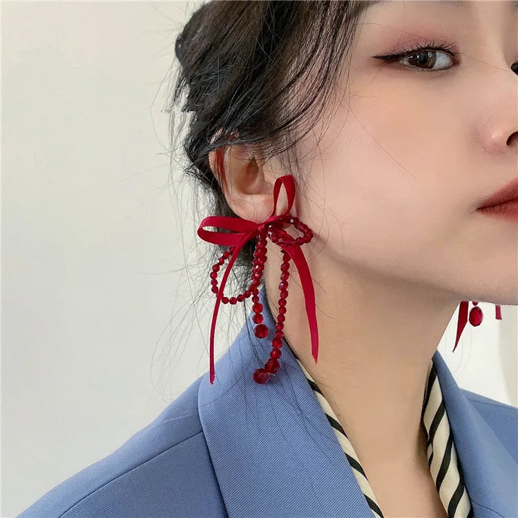 Lucky Red Earrings Personalized Large Ribbon Crystal Knot tassel Long Pendant Earrings Korean Style 250110
