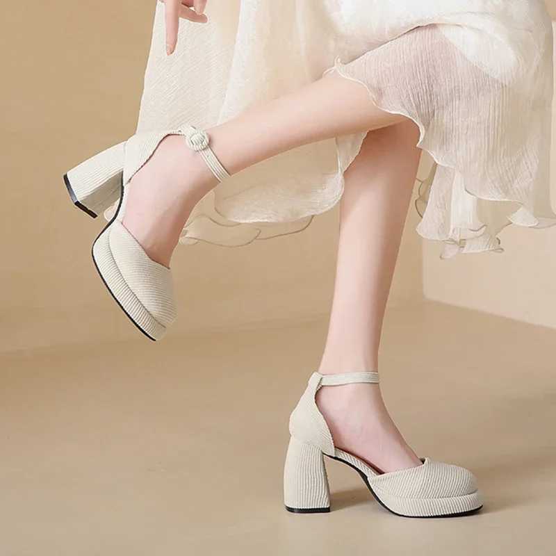 New Arrival Green High Heels Pump Womens Autumn Ankle Shoulder Strap Short Fat Platform Mary Jane Shoes Womens Corduroy Thick High Heels Party Shoes T