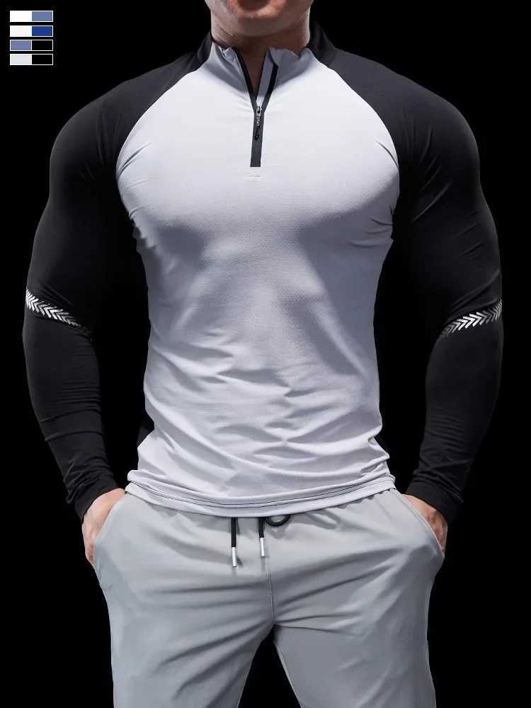 Mens autumn and winter tight fitness suit polo shirt half zip running suit long sleeved quick drying elastic sports thin W250111