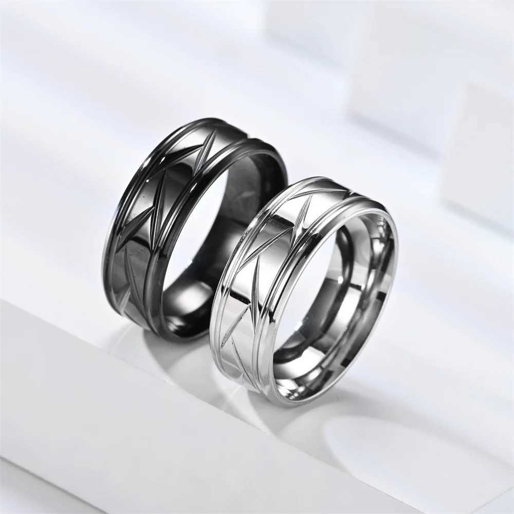 Mens silver black stainless steel ring groove multi sided ring womens engagement ring anniversary gift W250111