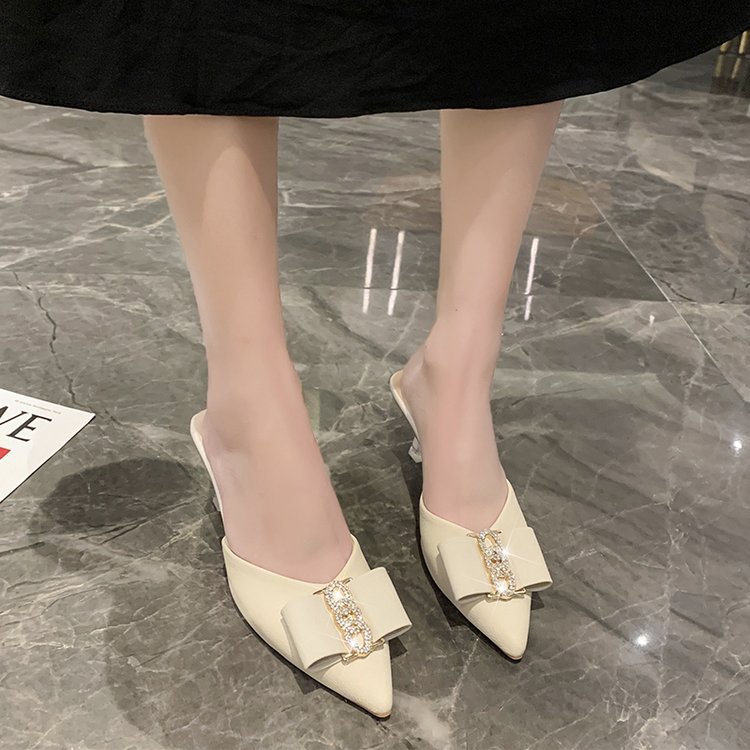 Women Slippers New Fashion hot High Heel Bow Design Versatile Pointed Toe Dia Triple Black Beige Green Free shipping