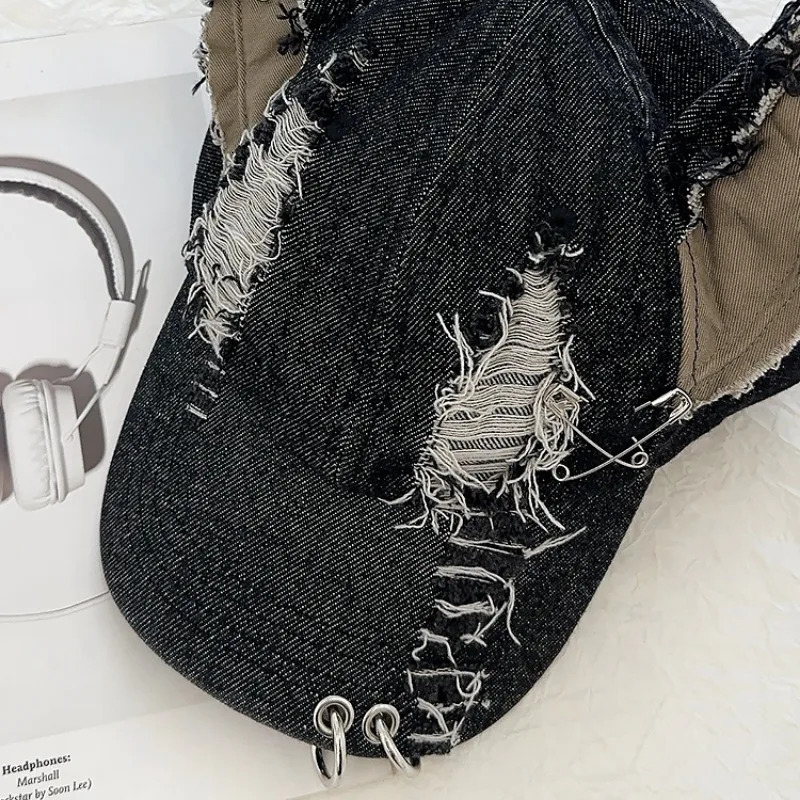 Niche Y2k Dark Punk Style Hoop Pin Rabbit Ears Baseball Cap Men and Women Ripped Street Trend Sunshade Adjustable Hip Hop Hat250108