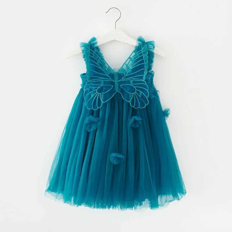 2025 New Summer Childrens Clothing Girl Princess Birthday Dress Bow Wing Fairy Strap Butterfly Mesh Dress W250111