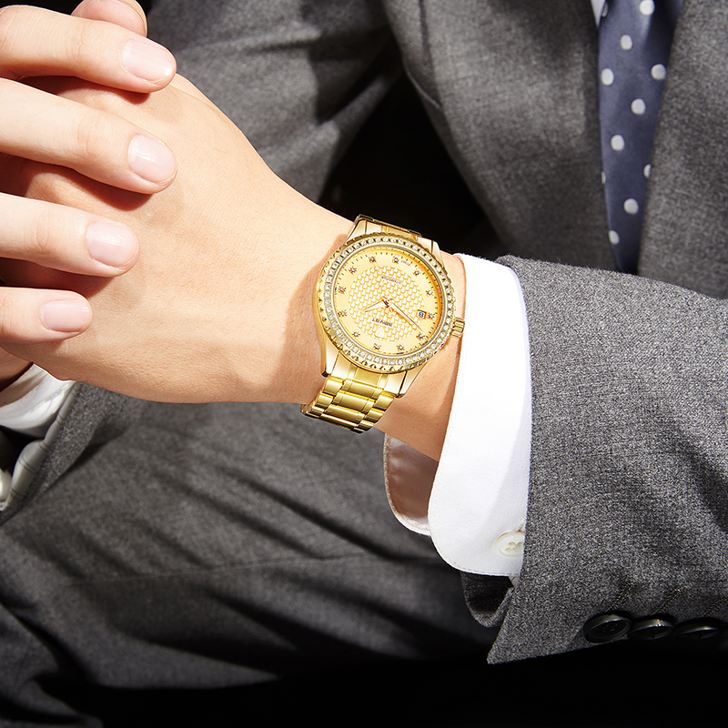 TEVISE Automatic Mechanical Mens Watch Business Casual Gold-plated Diamond encrusted High-end Wrist Watch high quality T048-T807A