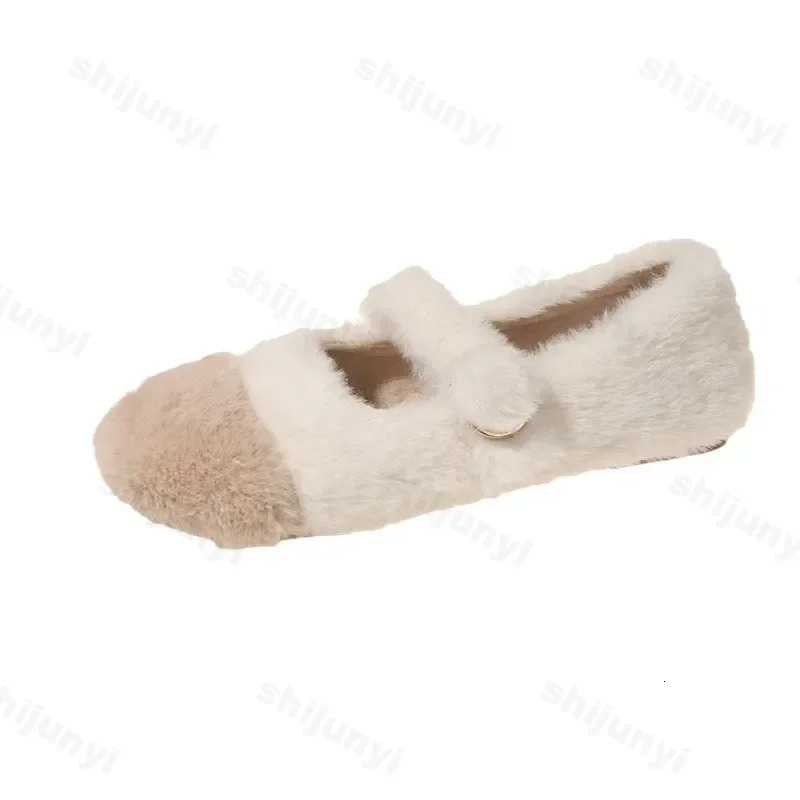 Fashion Square Toe Fluffy Ballet Flats Woman 2025 Winter Warm Plush Loafers Ladies Comfort Fur Mary Jane Shoe Zapatos 250106