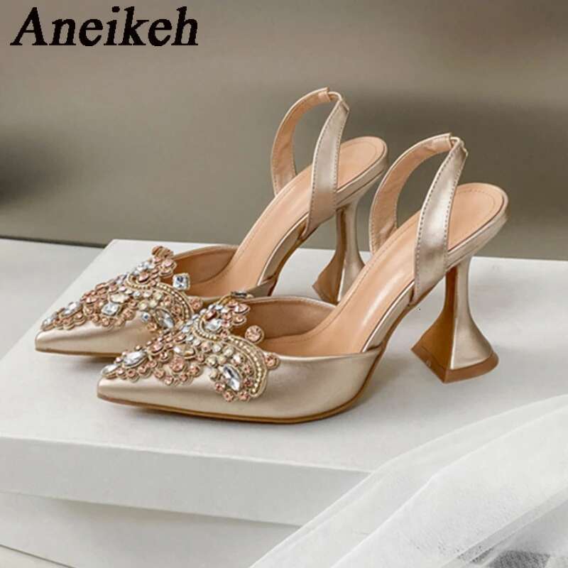 Aneikeh Strange Style Pointed Toe High Heels Mules Sandals Summer Fashion Crystal Rhie Party Wedding Banquet Shoes Pumps