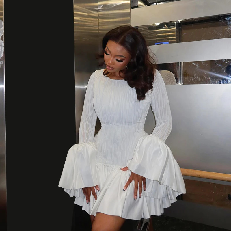 Elegant Ruffles Mini White Dress Women Hipster SexyO-Neck Long Seelve Body-Shaping Robe Autumn Birthday Party clothing 250109