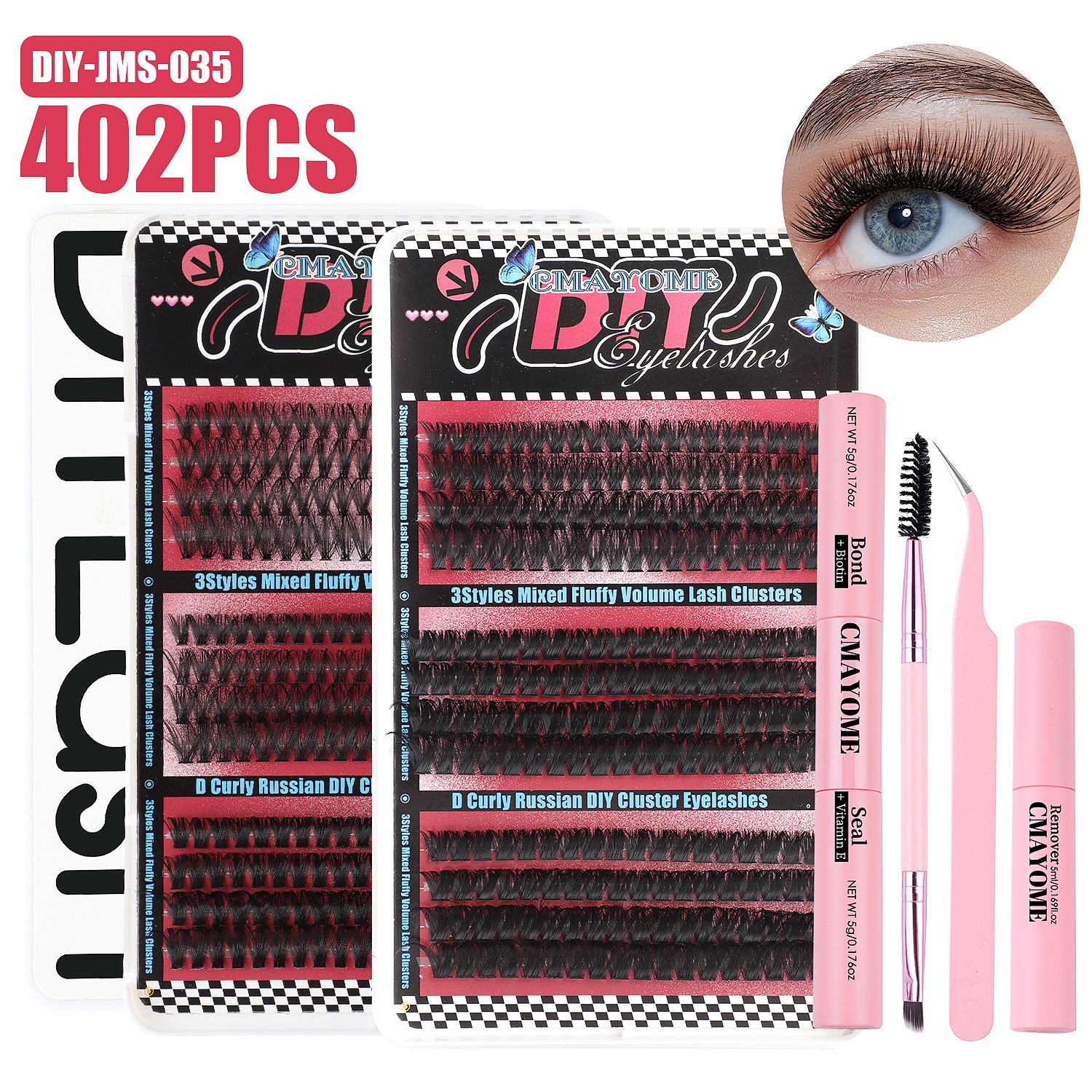 DIY Cluster Lashes Kit 402Pcs Cluster Segmented Eyelashes Thick Fluffy Individual Eyelash Extensions with Lash Bond & Seal DIY Lashes Makeup Accessory