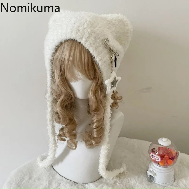 Y2K Cute Star Knitted Bean Hat Ins Cute Japanese Gorilla Knitted Wool Warm Hat Autumn Winter Cat Ear Horn Womens Hat 250110