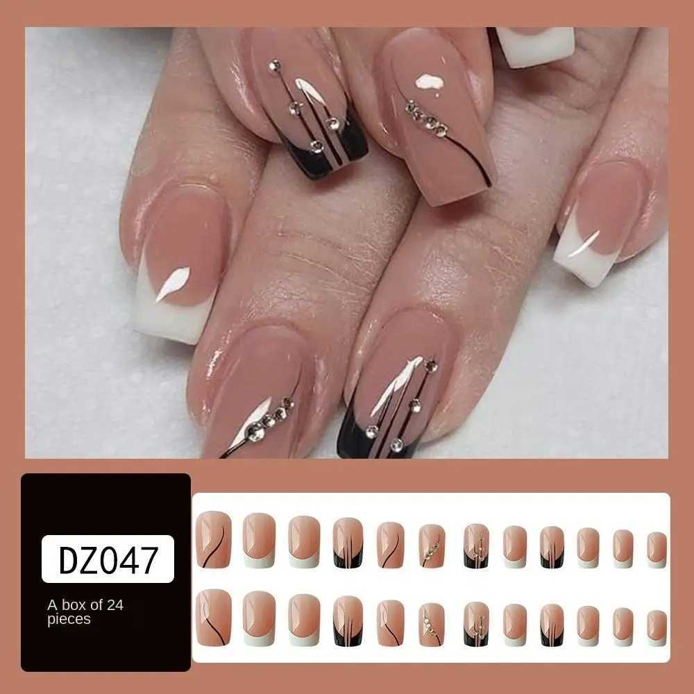24Pcs Ballerina Fake Nails Long Square French Wavy Crystal False Nails Full Cover Press On Nails DIY Manicure Decor Nail TipsXJ250110