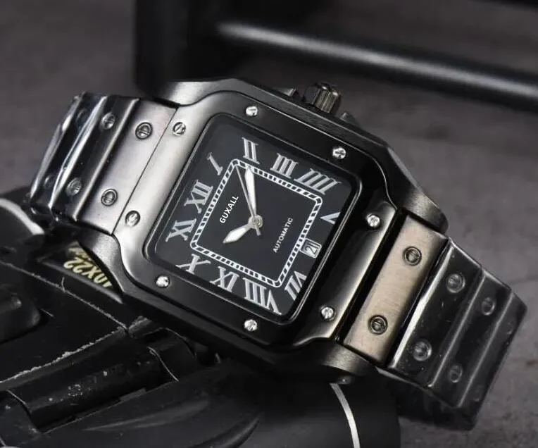 Square Roman Tank Dial Face Automatic Date Men Watches Luxury Fashion Mens Full Steel Band Quartz Movement Clock High Quality ICE Out Hip Hop Wristwatch Gifts