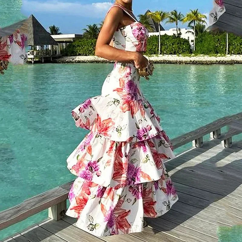 Skirt set for women two-piece printed floral dress set camisole short sleeved top vest cake long skirt sexy and elegant patchwork beach summer 250110