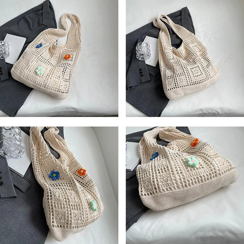 Flower Knitted Handbags Female Large Capacity Womens Pack Summer Beach Bag Purses Hollow Woven Shoulder Bags 250107
