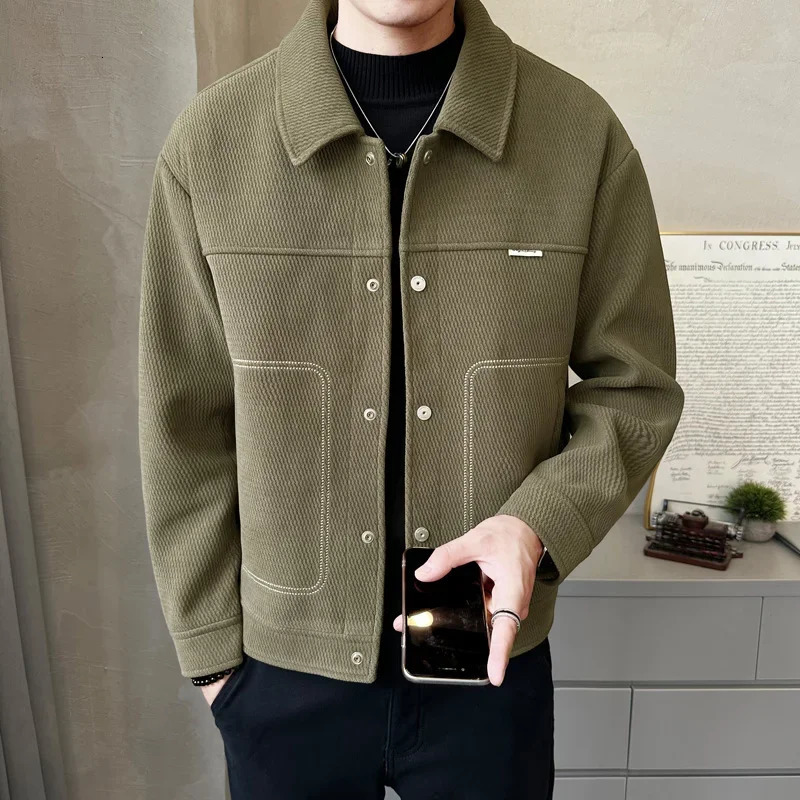 2024 Winter Men Wool Blends Trench Coat Short Jacket Slim Fit Casual Coats Korean Solid Color Streetwear Windbreaker Outwear 250106