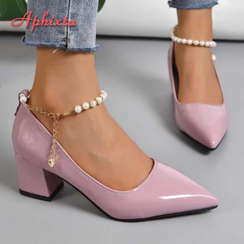 New Arrival Aphixta 5cm 7cm Thick High Heels Womens Pump Crystal Pearl Chain Ankle Lace Casual Shoes Fashion Patent Leather Plus Size 30-50 T250110