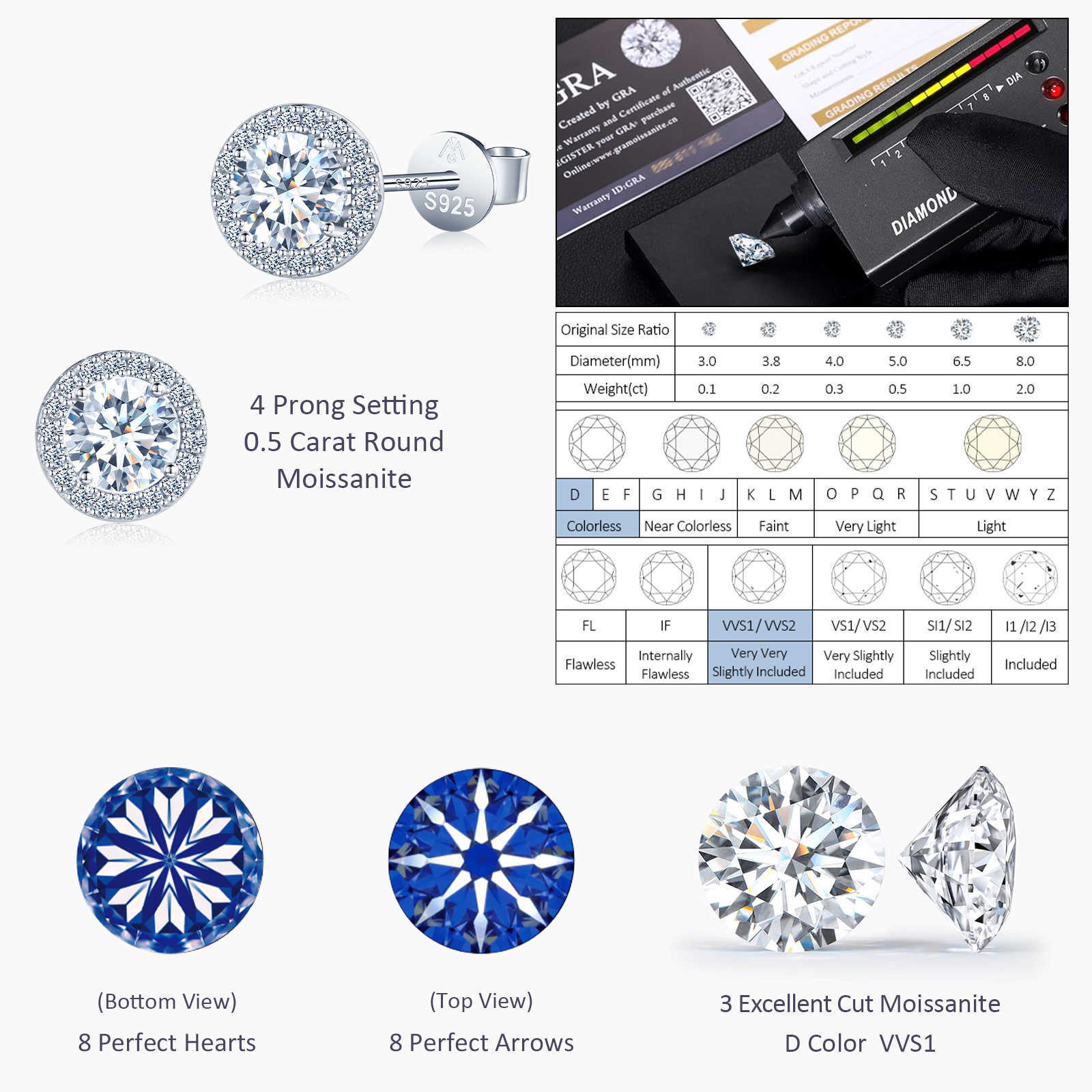 Fine stud earrings 925 sterling silver ladies moissanite earing for women