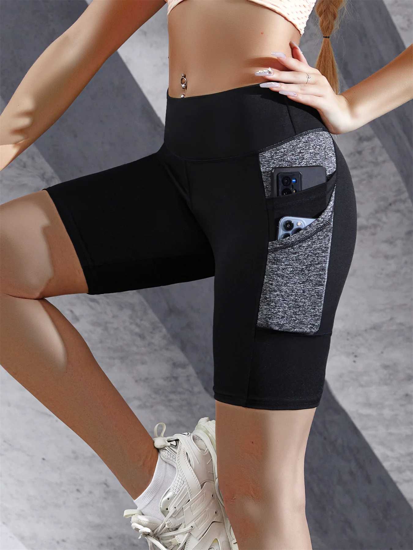 Double Side Pockets Yoga Shorts Colorblocked High Waist Tummy Control Leggings Lift Hips Gym Workout Shorts For WomenXJ250111