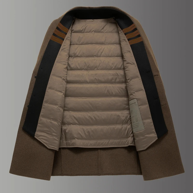 AutumnWinter Mens Double sided Fleece Coat 70 Wool Quality Fabric Detachable Down Inner Tank Business Leisure Warm 250106